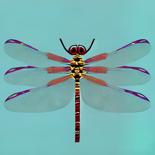 dublex style Image/prompt dragonfly, rich bright colours, crisp lines, carnival style
