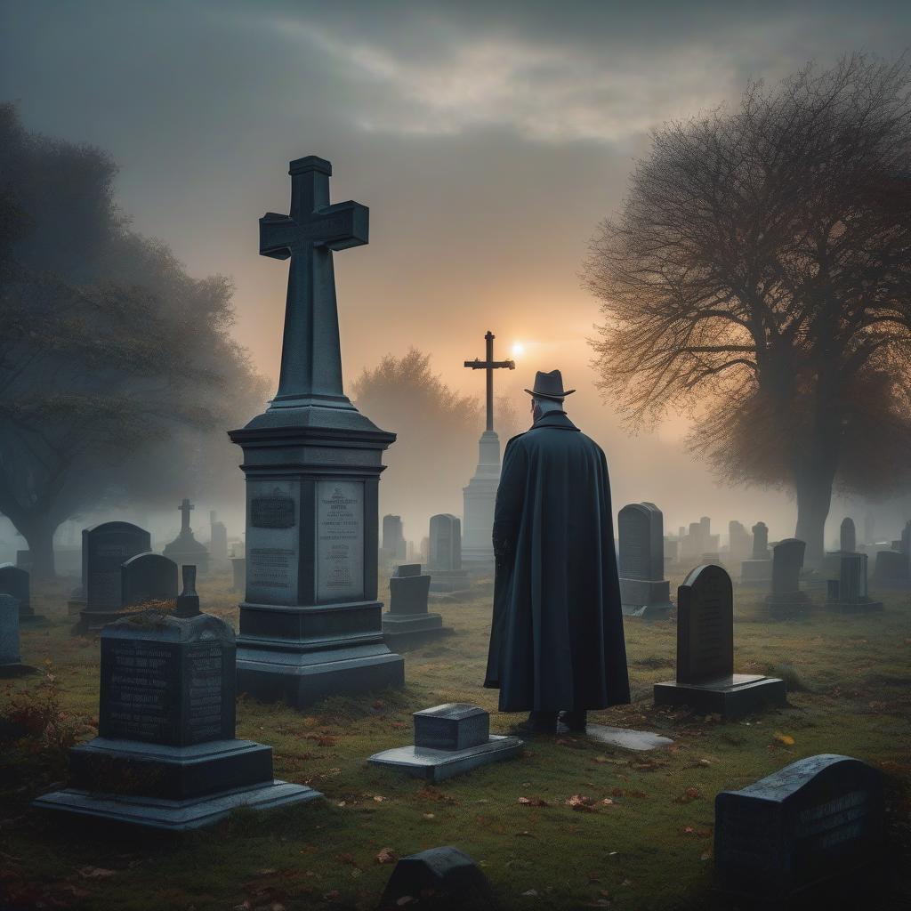  A gravedigger at the cemetery, burying a grave, old and grey headed, twilight, gloomy atmosphere, light fog, double post processing, high detail, concept art, digital art, super high quality post processing. hyperrealistic, full body, detailed clothing, highly detailed, cinematic lighting, stunningly beautiful, intricate, sharp focus, f/1. 8, 85mm, (centered image composition), (professionally color graded), ((bright soft diffused light)), volumetric fog, trending on instagram, trending on tumblr, HDR 4K, 8K