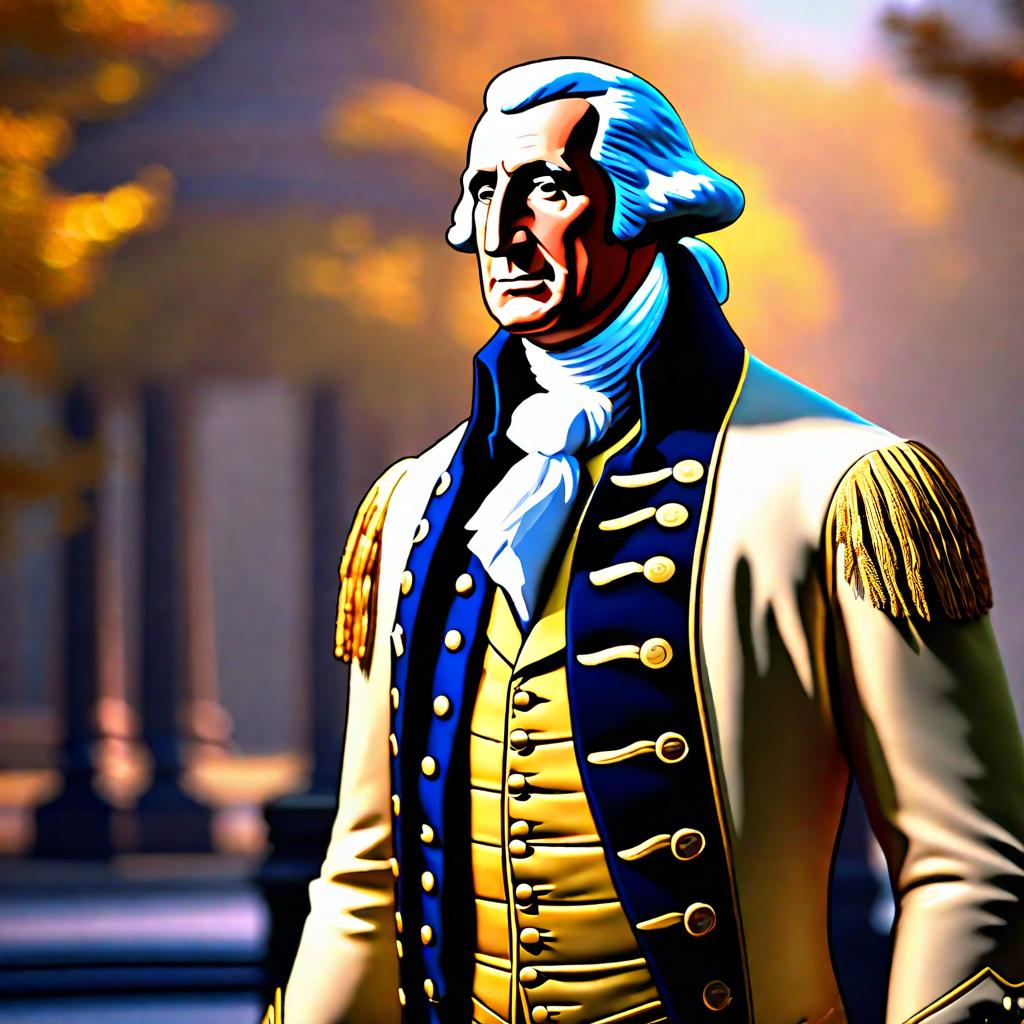  cartoonish george washington hyperrealistic, full body, detailed clothing, highly detailed, cinematic lighting, stunningly beautiful, intricate, sharp focus, f/1. 8, 85mm, (centered image composition), (professionally color graded), ((bright soft diffused light)), volumetric fog, trending on instagram, trending on tumblr, HDR 4K, 8K