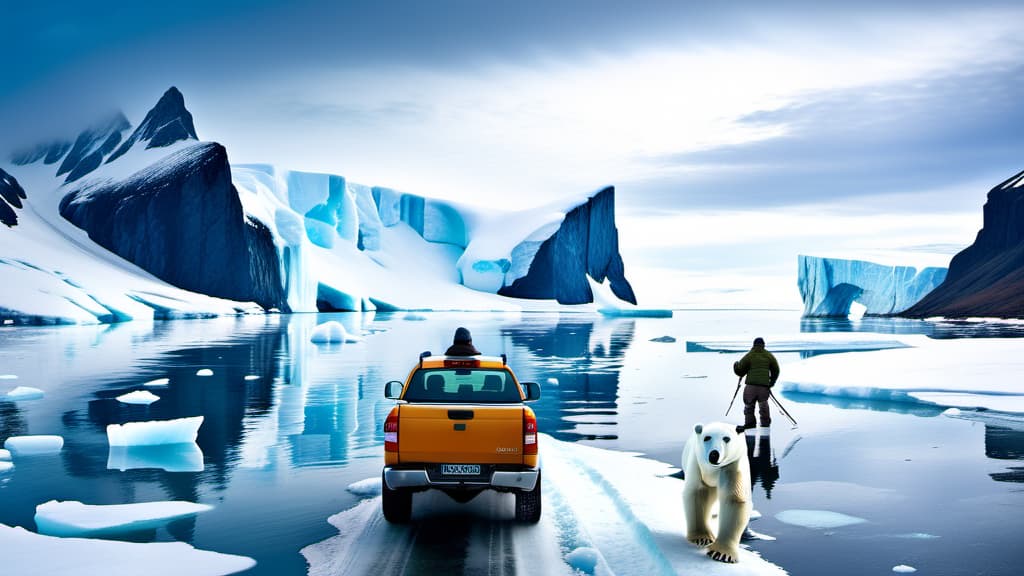  A panoramic view of the Arctic region with a polar bear hunting on the ice.  , ((realistic)), ((masterpiece)), focus on detailed clothing and atmosphere of the surroundings. Soft and natural lights.