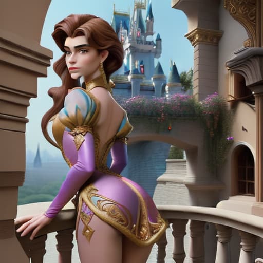  Fantasy Disney princes,seen from the back,wearing skinny transparant but opulent looking costume and short dress,bending forward stone balcony watching her beautifull kingdom outside the pallace where the sun is getting low