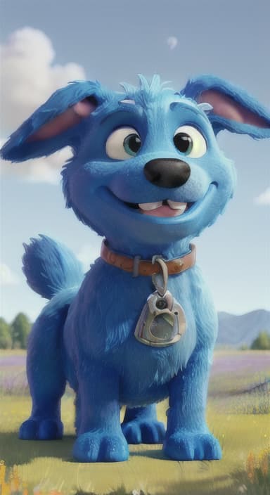  {A happy, big blue dog wagging its tail in a colorful meadow, The big blue dog is large with sky blue fur, big round eyes, a black nose, and floppy ears.