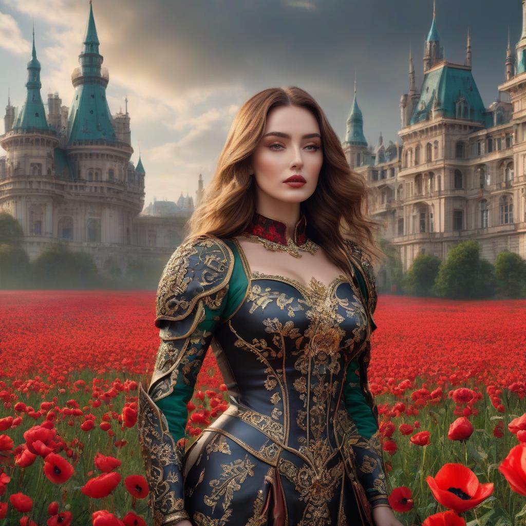  The with the brown hair. Landscape in the background. Тhe dress, the purse, the brown eyes. , red lips. A in armor. Armor below the . High detailing and treatment of the face and other parts of the body Fire. The rigor of the lines. Power. The sword gives off electric shocks. Highly detailed, highly detailed, highly detailed image and all details. ((Sparkling rim)): spring field, hyacinths, roses, rosehips, rose hips, peonies, cherry tree, yellow, red, black flowers, forget me nots. Nature in the background, spring, delight. Luxury, richness. High quality. Swarovski, pandora. The Emerald Palace, the towers. Holobue sky. Golden spires, Gothic style. Fantasy, fairy tale. Poppy field in front of palace. Emerald stones, G hyperrealistic, full body, detailed clothing, highly detailed, cinematic lighting, stunningly beautiful, intricate, sharp focus, f/1. 8, 85mm, (centered image composition), (professionally color graded), ((bright soft diffused light)), volumetric fog, trending on instagram, trending on tumblr, HDR 4K, 8K