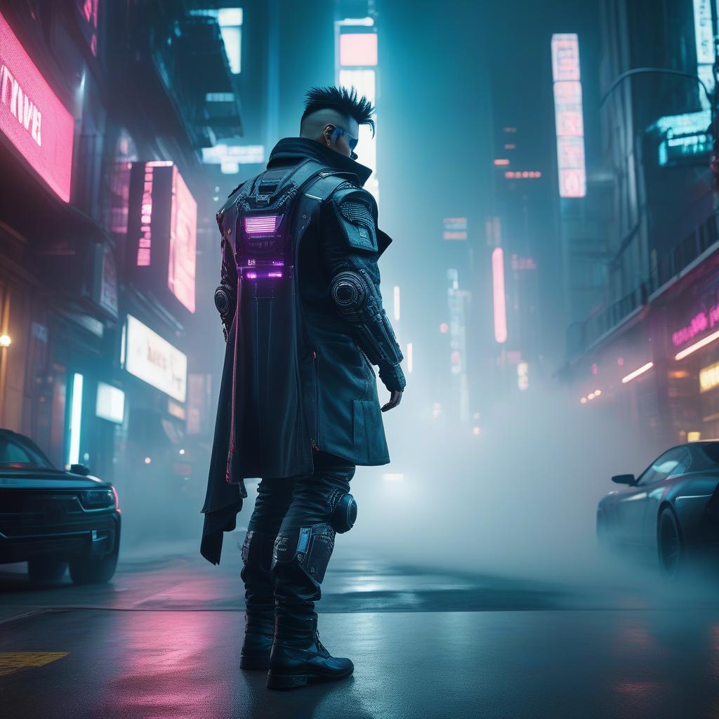  cyberpunk hyperrealistic, full body, detailed clothing, highly detailed, cinematic lighting, stunningly beautiful, intricate, sharp focus, f/1. 8, 85mm, (centered image composition), (professionally color graded), ((bright soft diffused light)), volumetric fog, trending on instagram, trending on tumblr, HDR 4K, 8K