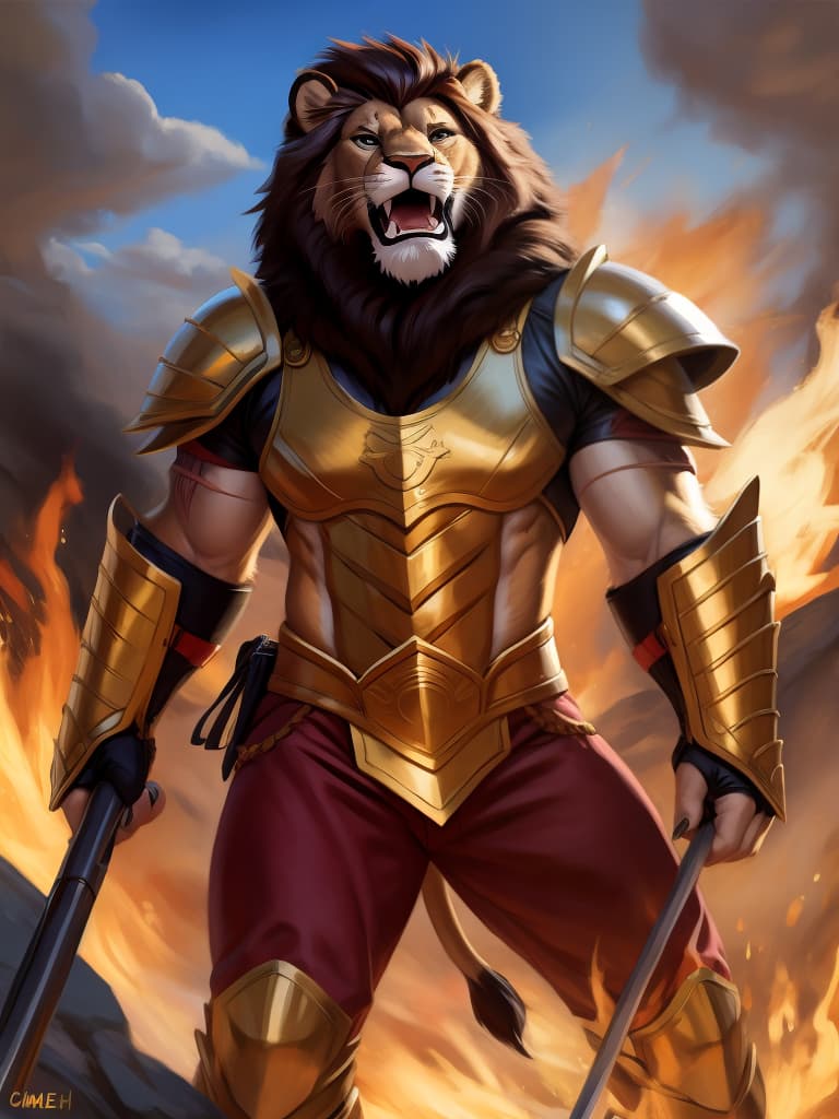  By chunie, by Meesh, portrait, full body, full view, photorealistic, solo, anthro, male, lion, scar on face, a lions fighting in a battlefield, holds a golden weapon, fighting, roaring, angry face:2, serious face:2, rage, enraged:2, red and gold armor:2, surrounded by flames, fireland, fire in background, ultra detailed flame, ultra detailed red and gold armor, sfw, thick body, muscular body, stare at the camera, open eyes, digital art, masterpiece, 4k, fine details,