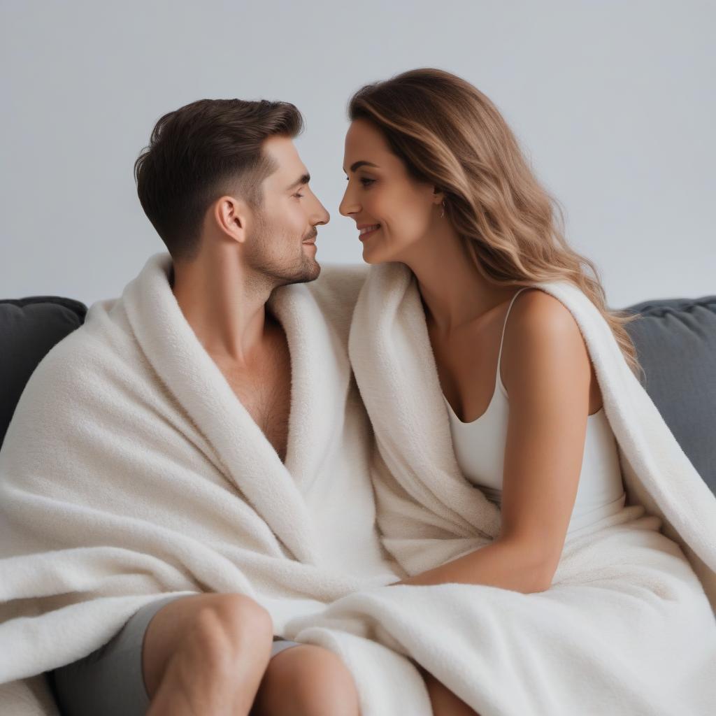  The couple in love sits on the couch under a blanket