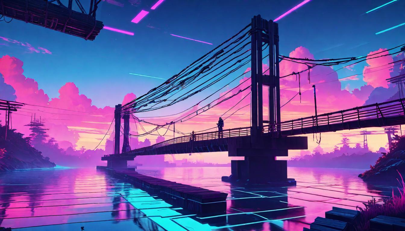  vaporwave,cyberpunk game style A bridge made of ropes and planks over a calm river at dawn, symbolizing the journey towards self expression and emotional exploration. Rope bridge, calm river, dawn, journey of self expression.eon, dystopian, futuristic, digital, vibrant, detailed, high contrast, reminiscent of cyberpunk genre video games,retro aesthetic, cyberpunk, vibrant, neon colors, vintage 80s and 90s style, highly detailed