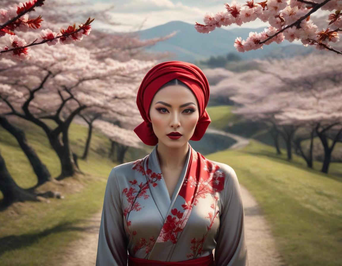  surrealist art A digital art portrait of a woman with a red headscarf, cherry blossoms in her hair, and serene landscape in the background. . dreamlike, mysterious, provocative, symbolic, intricate, detailed hyperrealistic, full body, detailed clothing, highly detailed, cinematic lighting, stunningly beautiful, intricate, sharp focus, f/1. 8, 85mm, (centered image composition), (professionally color graded), ((bright soft diffused light)), volumetric fog, trending on instagram, trending on tumblr, HDR 4K, 8K