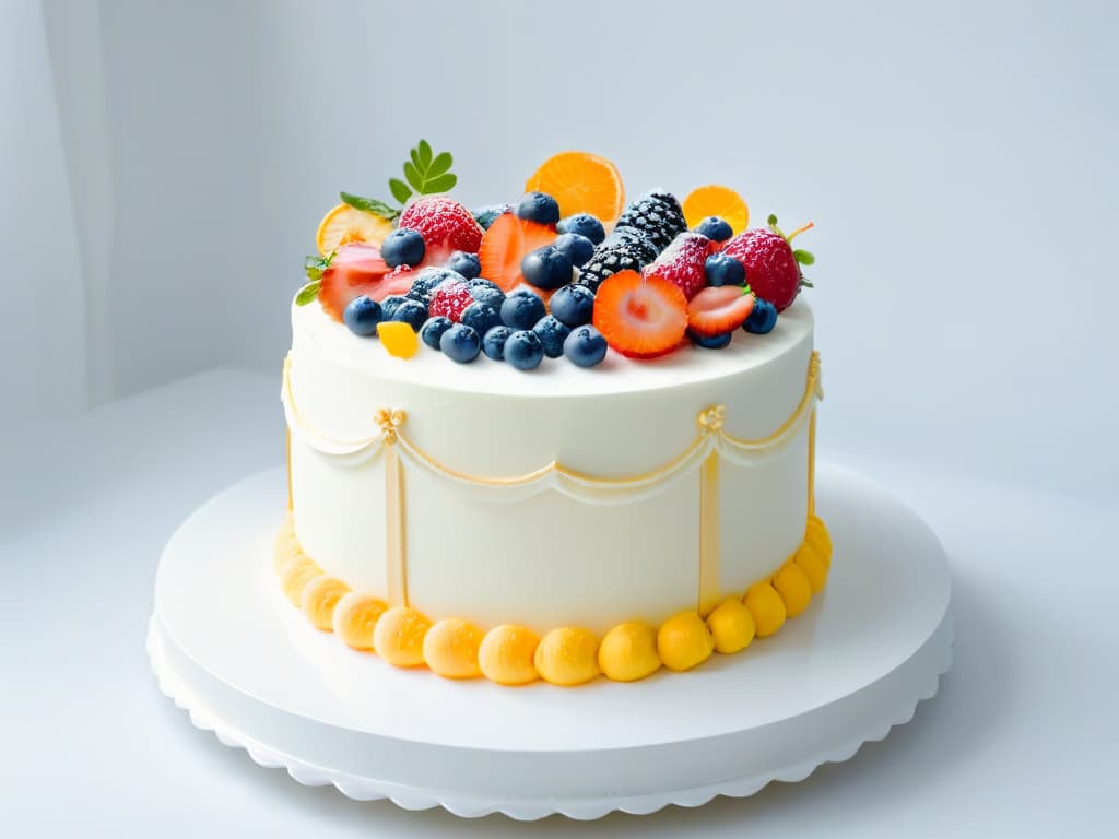  An 8k ultradetailed image of a beautifully decorated cake with intricate piping details showcasing layers of sponge, cream, and fruits, set against a clean, white background. The cake is elegantly displayed on a simple, modern cake stand, emphasizing the artistry and craftsmanship of the dessert. hyperrealistic, full body, detailed clothing, highly detailed, cinematic lighting, stunningly beautiful, intricate, sharp focus, f/1. 8, 85mm, (centered image composition), (professionally color graded), ((bright soft diffused light)), volumetric fog, trending on instagram, trending on tumblr, HDR 4K, 8K