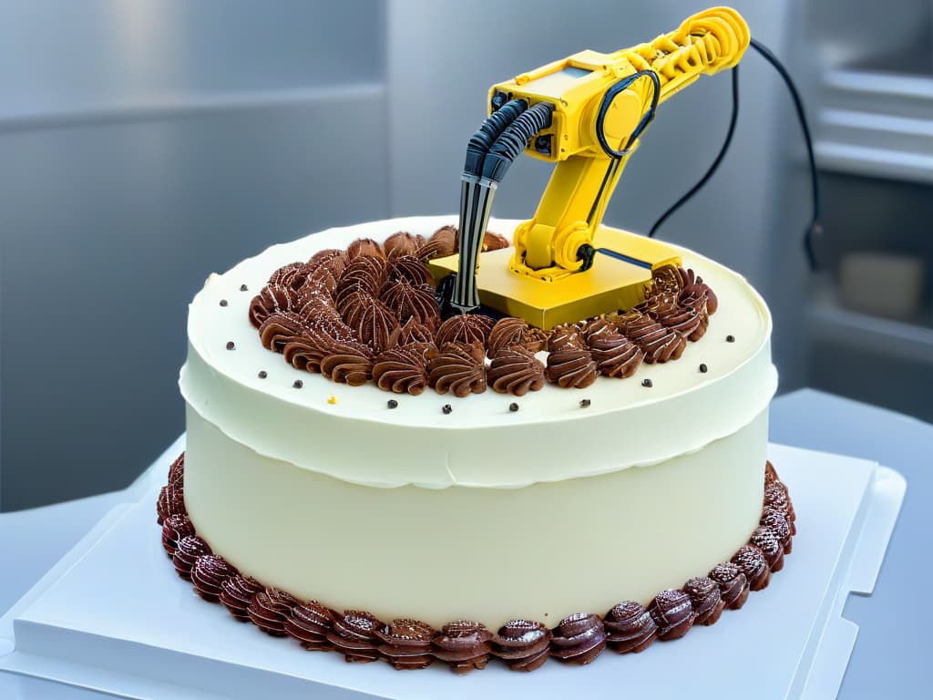  A closeup, ultradetailed image of a sleek, futuristic robotic arm delicately piping intricate designs on a colorful, multilayered cake. The robotic arm's precision and finesse in decorating the cake with precision and artistry are highlighted, showcasing the seamless integration of technology and creativity in a bakery setting. The vibrant colors of the cake layers and the precise movements of the robotic arm create a visually captivating and modern image that perfectly complements the theme of the article. hyperrealistic, full body, detailed clothing, highly detailed, cinematic lighting, stunningly beautiful, intricate, sharp focus, f/1. 8, 85mm, (centered image composition), (professionally color graded), ((bright soft diffused light)), volumetric fog, trending on instagram, trending on tumblr, HDR 4K, 8K