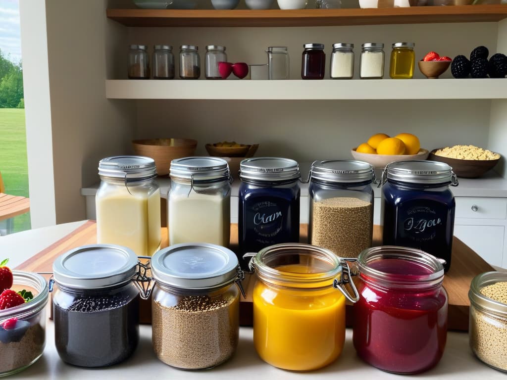  An ultradetailed image of a beautifully arranged minimalist kitchen counter filled with essential vegan baking ingredients like almond flour, coconut oil, maple syrup, chia seeds, vanilla extract, and colorful fresh berries. The image showcases these ingredients in clear, labeled jars and bowls, with natural light streaming in to highlight the textures and colors, creating a visually stunning and appetizing scene for vegan baking enthusiasts. hyperrealistic, full body, detailed clothing, highly detailed, cinematic lighting, stunningly beautiful, intricate, sharp focus, f/1. 8, 85mm, (centered image composition), (professionally color graded), ((bright soft diffused light)), volumetric fog, trending on instagram, trending on tumblr, HDR 4K, 8K