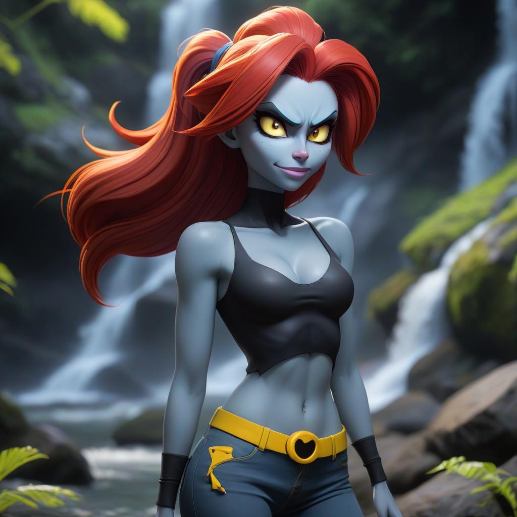  Undertale, Undyne, monster girl, standing, red hair, ponytail, (colored sclera, yellow sclera), Eyepatch, (colored skin, blue skin), Sharp Teeth, head fins, smirk, grin, black short undershirt, blue jeans, Background waterfall underground hyperrealistic, full body, detailed clothing, highly detailed, cinematic lighting, stunningly beautiful, intricate, sharp focus, f/1. 8, 85mm, (centered image composition), (professionally color graded), ((bright soft diffused light)), volumetric fog, trending on instagram, trending on tumblr, HDR 4K, 8K