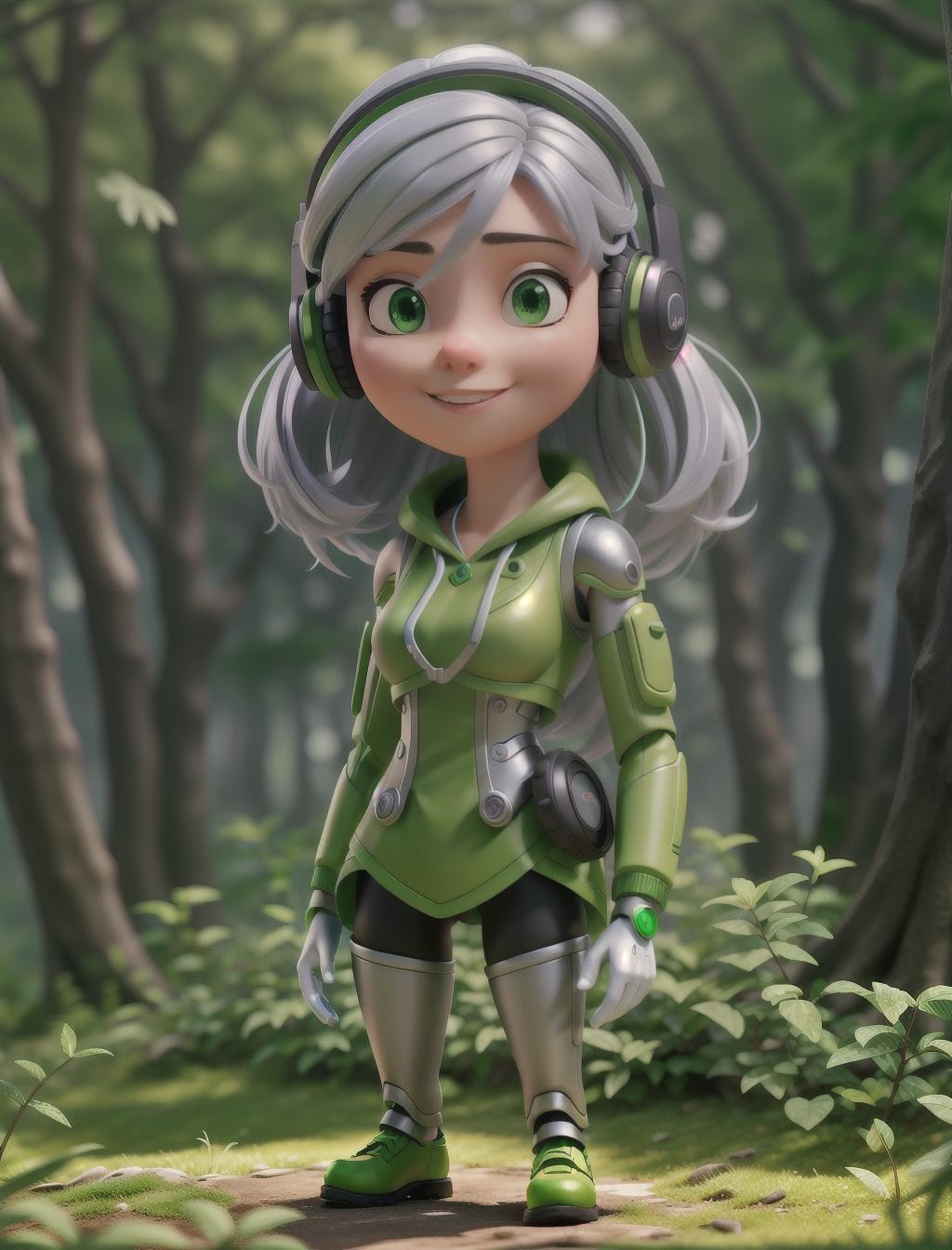  a cute cyborg girl with silver hair standing in a green forest, Dynamic Background, Vibrant Color, wearing a headset, enjoying music hyperrealistic, full body, detailed clothing, highly detailed, cinematic lighting, stunningly beautiful, intricate, sharp focus, f/1. 8, 85mm, (centered image composition), (professionally color graded), ((bright soft diffused light)), volumetric fog, trending on instagram, trending on tumblr, HDR 4K, 8K