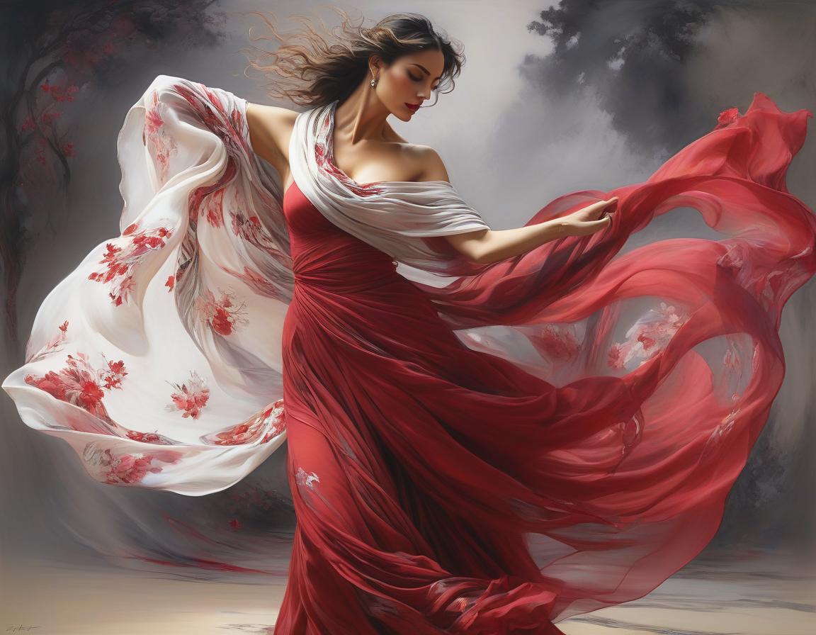  abstract expressionist painting depict an spanish woman, dancing, flowing floral scarf, elegant body lining. the backdrop is an ethereal spanish dreamscape of soft tones crimson, red, off white, magenta, grey. highly detailed. magic realism. alchemy. pastels, pen, ink and wash. luis royo, joaquin sorolla, georgia o’keeffe, arthur rackham. highest quality . energetic brushwork, bold colors, abstract forms, expressive, emotional hyperrealistic, full body, detailed clothing, highly detailed, cinematic lighting, stunningly beautiful, intricate, sharp focus, f/1. 8, 85mm, (centered image composition), (professionally color graded), ((bright soft diffused light)), volumetric fog, trending on instagram, trending on tumblr, HDR 4K, 8K