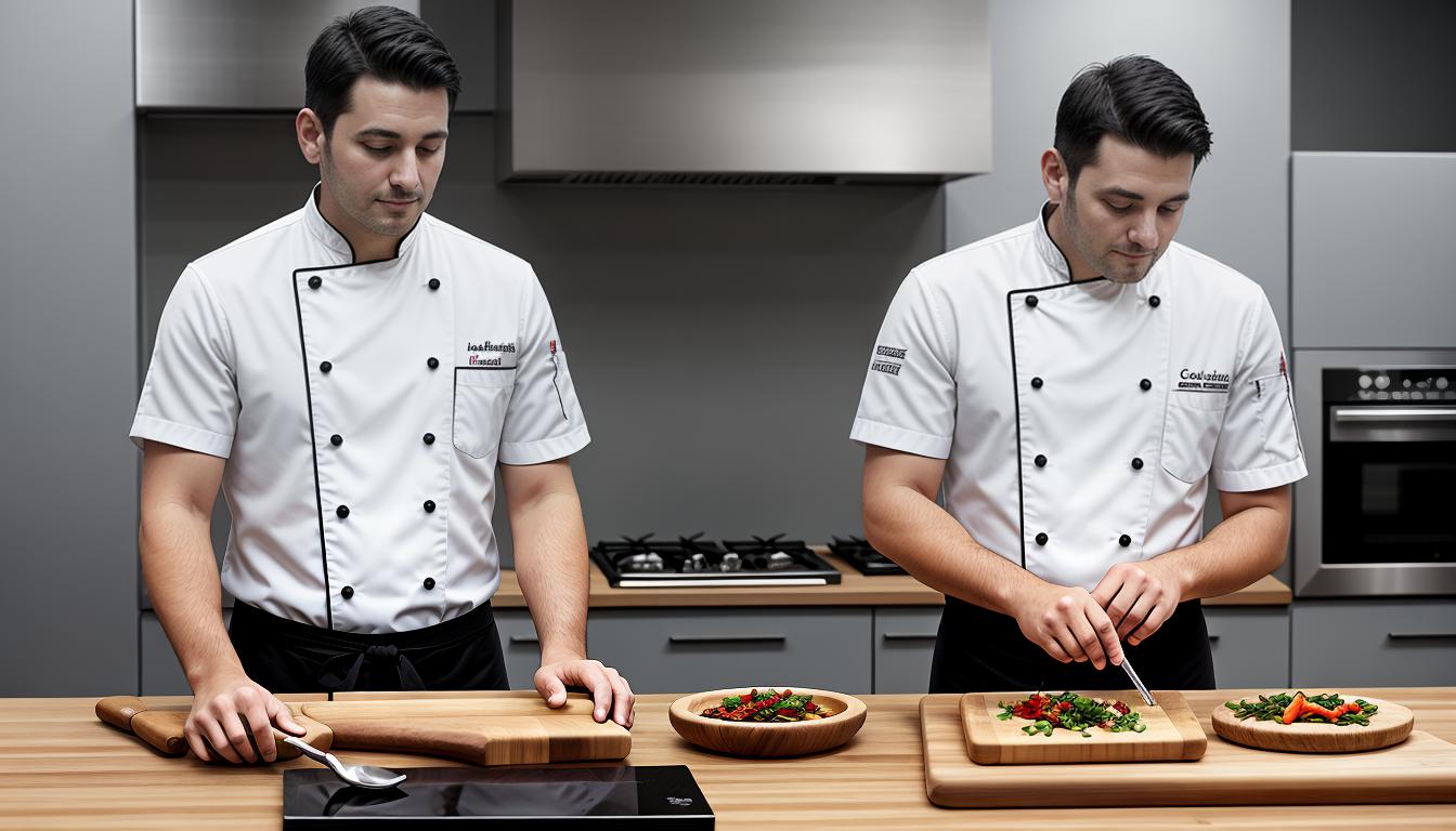  digital illustration, Daniel, a man in his 30s, wearing a chef's uniform, is focused on cooking in a well organized kitchen, various culinary tools around him, focused, professional, looking at viewer, dynamic pose, (intricate details, masterpiece, best quality)