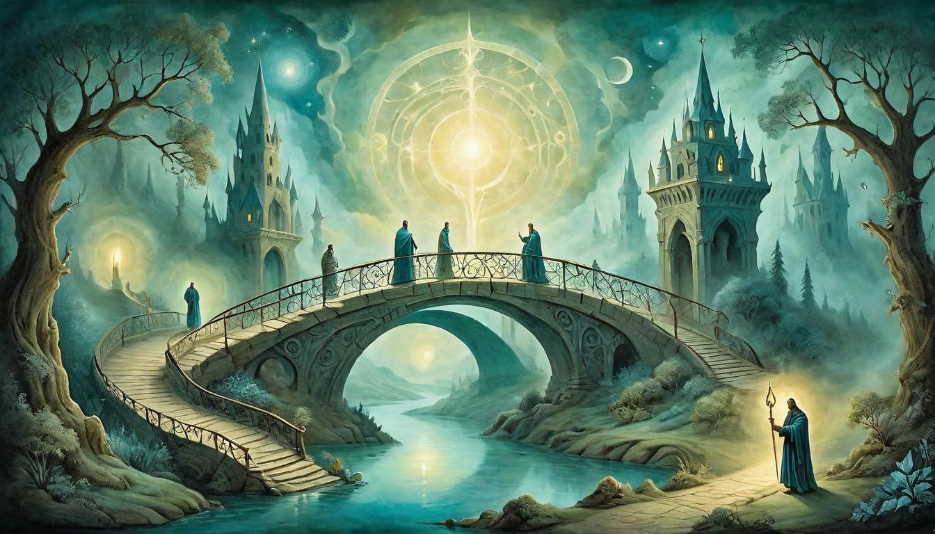  on parchment, surrealism+++, a mystical bridge of light, connecting two realms, figures crossing, ethereal and otherworldly, luminous path(mysterious, provocative, symbolic,muted color)+++