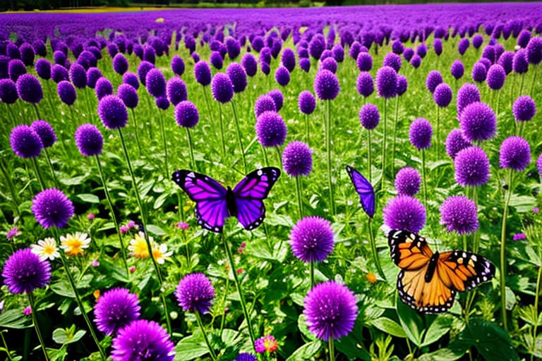  A butterfly flying through the air it's sunny outside there is a field of flowers the butterfly is blue purple and black A whole colony of butterflies