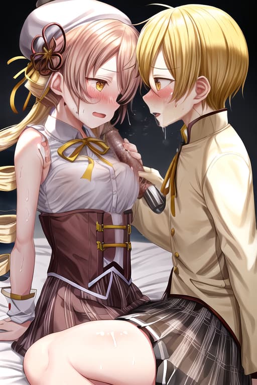  tomoe mami,,face covered in,in puella magi madoka magica style ,short long hair,bangs are side parted hair,yellow hair,drill hair,tie her hair low at the back of her head,wearing torn,yellow neck ribbon ,light brown mini,corset,knee-high socks,long boots,mini cap,huge,yellow eyes,lie in bed,profuse sweat,disliked face,cry out,2 men and 1 women,faceless male,1 man have 1,having,,,,she has a inserted,mmf threesome,handjob,輪姦,レイプ,drips from the face,background of idol stage,2,handjob,ejaculate on face,lots of,lots of,on clothes,on hair,,she is stunned by being covered in,