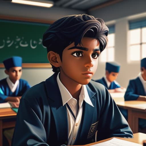  omani boy learning in classroom , anime hyperrealistic, full body, detailed clothing, highly detailed, cinematic lighting, stunningly beautiful, intricate, sharp focus, f/1. 8, 85mm, (centered image composition), (professionally color graded), ((bright soft diffused light)), volumetric fog, trending on instagram, trending on tumblr, HDR 4K, 8K