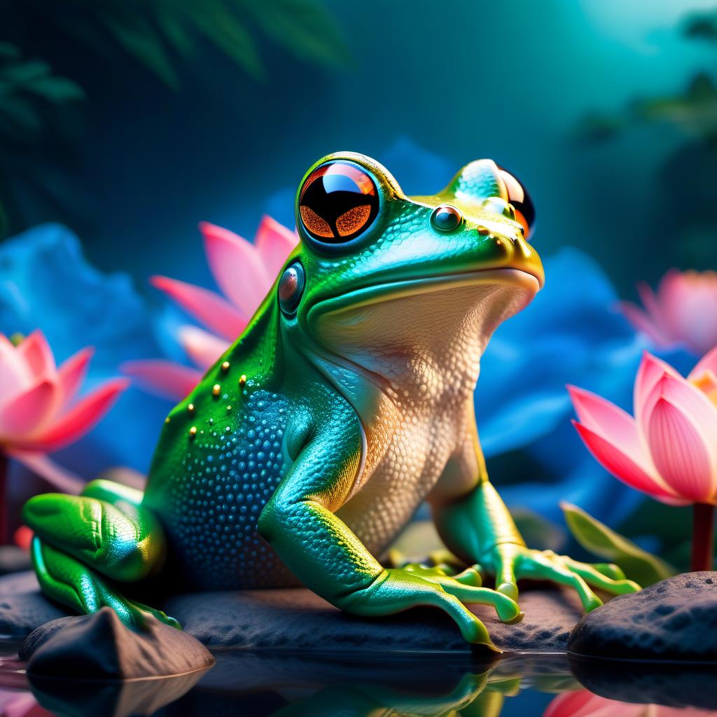  fairy tale (Background): a lake with blooming lotuses of different shades: from white pink to bright crimson and leaves of tender green colour. The sky above the lake of dark blue colour with golden stars scattered on it. (Fantasy Princess Frog): in the centre of the lake on the biggest lotus flower sits a charming frog in a golden crown decorated with blue and blue precious stones. In his paws he holds a ring decorated with blue stones. Style: fantasy, Russian fairy tales, illustrations. . magical, fantastical, enchanting, storybook style, highly detailed hyperrealistic, full body, detailed clothing, highly detailed, cinematic lighting, stunningly beautiful, intricate, sharp focus, f/1. 8, 85mm, (centered image composition), (professionally color graded), ((bright soft diffused light)), volumetric fog, trending on instagram, trending on tumblr, HDR 4K, 8K