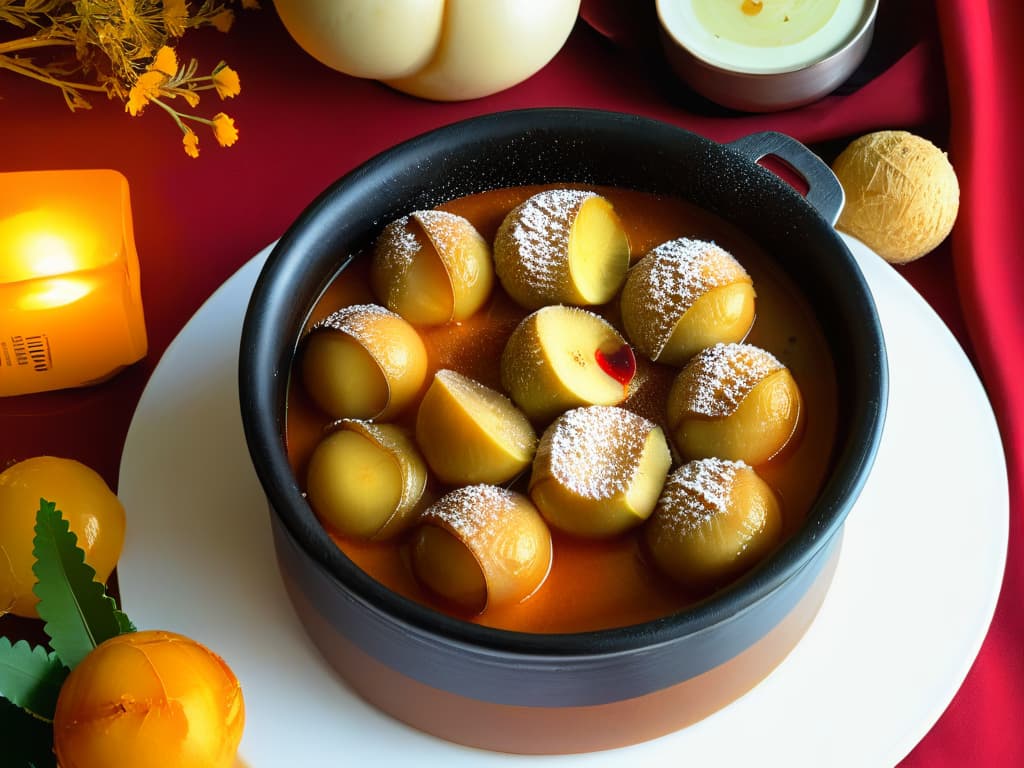  An exquisitely detailed closeup of a simmering pot filled with goldenbrown Gulab Jamuns, emitting a tantalizing aroma. The syrupy spheres glisten under the soft ambient light, showcasing their intricate texture and rich color. Steam rises elegantly from the dessert, adding a sense of warmth and sensory appeal to the scene. Surrounding the pot are scattered ingredients like saffron, cardamom pods, and rose petals, hinting at the exotic origins and traditional preparation of this beloved Indian sweet. hyperrealistic, full body, detailed clothing, highly detailed, cinematic lighting, stunningly beautiful, intricate, sharp focus, f/1. 8, 85mm, (centered image composition), (professionally color graded), ((bright soft diffused light)), volumetric fog, trending on instagram, trending on tumblr, HDR 4K, 8K