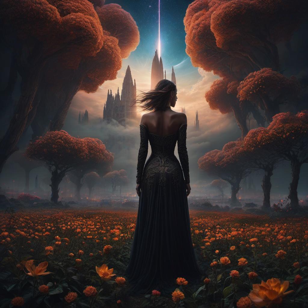  (stylized by Tomasz Alen Kopera:1.3) , dark art, dense flower field and Perseid meteor in background, landscape of a (Barcelona:1.2) , very Bizarre and 1600'S, Hurricane, Glitchcore, Amaro, layered textures, ornate, intricate artistic color, complimentary colors, very inspirational, atmosphere, fine artistic composition, sunny, theatrical hyperrealistic, full body, detailed clothing, highly detailed, cinematic lighting, stunningly beautiful, intricate, sharp focus, f/1. 8, 85mm, (centered image composition), (professionally color graded), ((bright soft diffused light)), volumetric fog, trending on instagram, trending on tumblr, HDR 4K, 8K