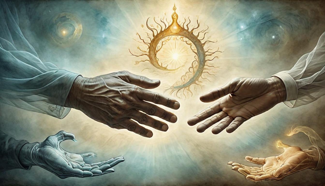  on parchment, surrealism+++, An ethereal handshake, translucent hands merging in a burst of light, symbolizing soul agreements coming to life, destined connections, transformative(mysterious, provocative, symbolic,muted color)+++