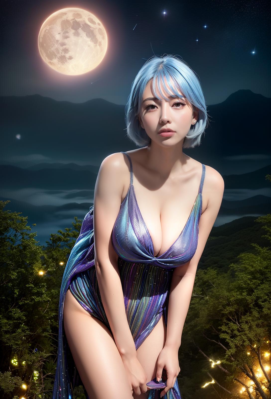  Highest quality, 4K, high resolution, realistic, night sky, moon, star, beautiful woman, full time smile, big eyes, plump breasts, narrow waist, outstanding style, narrow ankle, wide landscape photo , Light blue hair, (seen from below, the sky is above, and the open field is below), (full moon: 1.2), (Meteor: 0.9), (Meteor: 0.9), (Meteor: 0.9) Nebula: 1.3), distant mountains, trees destroy art, (warm light: 1.2), (fireflies: 1.2), Light, purple and orange, complex details, volumetric lighting break (masterpiece: 1.2), (Maximum quality), 4K, super detail, (dynamic configuration: 1.4), rich colors, (rainbow color: 1.2), (shine, lighting with atmosphere), dreamy, magic, (per person : 1.2), (Masterpiece, BestQuality:1.3), (ultra detailed:1.2)