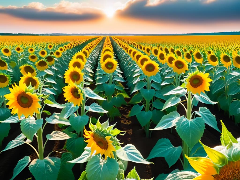  An ultradetailed image of a vibrant, lush green field with rows of towering sunflowers stretching towards the cloudless sky. Each sunflower is intricately detailed, showcasing the delicate swirls of its petals and the golden hues of its center. The sunlight casts a warm, inviting glow over the scene, creating a serene and harmonious atmosphere that perfectly embodies the concept of sustainability and ecofriendliness. hyperrealistic, full body, detailed clothing, highly detailed, cinematic lighting, stunningly beautiful, intricate, sharp focus, f/1. 8, 85mm, (centered image composition), (professionally color graded), ((bright soft diffused light)), volumetric fog, trending on instagram, trending on tumblr, HDR 4K, 8K