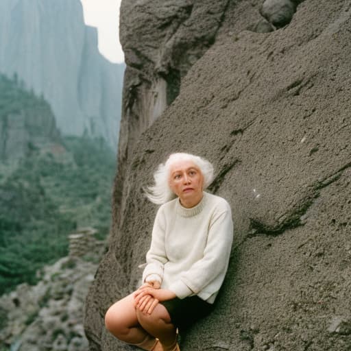 analog style full length shot of cute young female extra terrestrial human female hybrid, big dark almond shaped eyes, white hair and grey skin, standing on ledge, nothing on, octane rendering, hyper realistic, perfect face features, 35mm lens, ultra-detailed