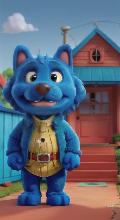  {Max the big blue dog standing in front of a cozy little house with a red door, The big blue dog is large with sky blue fur, big round eyes, a black nose, and floppy ears.