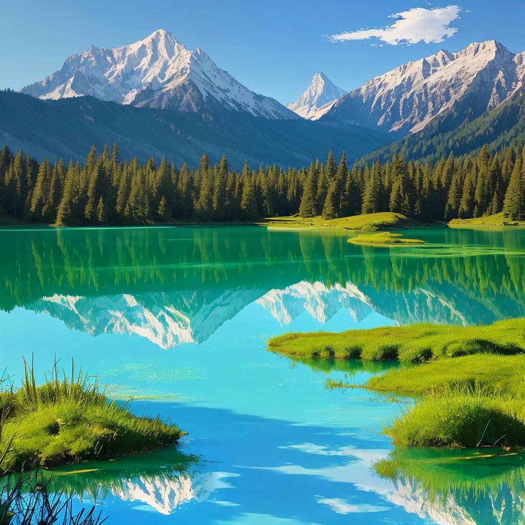  as a painting, Convey the serene majesty of towering mountains reflected in the crystal-clear waters of a tranquil alpine lake, using your unique artistic vision to evoke a sense of awe and tranquility.