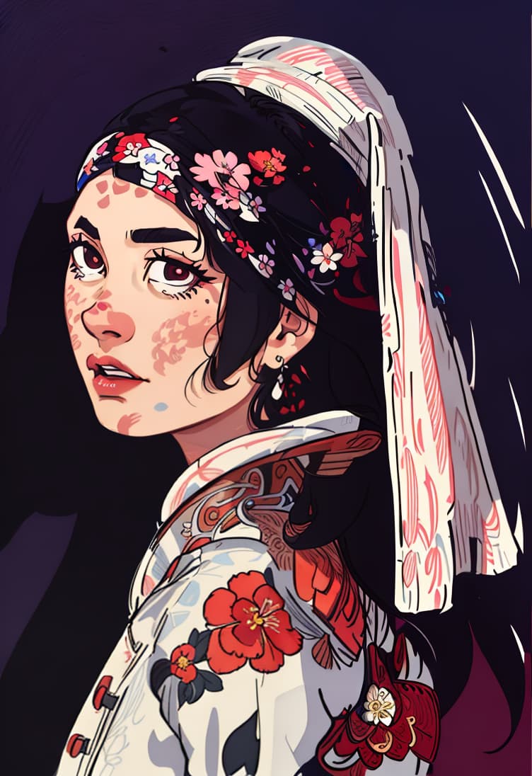  flat vector art,vector illustration, high quality,beautiful face by j Scott Campbell,woman,samurai,flowers in hair,kimono,normal breasts,(white face),red eyes,black hair,perfect lips,dynamic pose,masterpiece,cowboy shot,highly detailed,highres,by Joe Madureira,artistic background,cherry blossoms,painting japanese mountain,by greg rutkowski,<lora:GoodHands beta2:0.8>, 