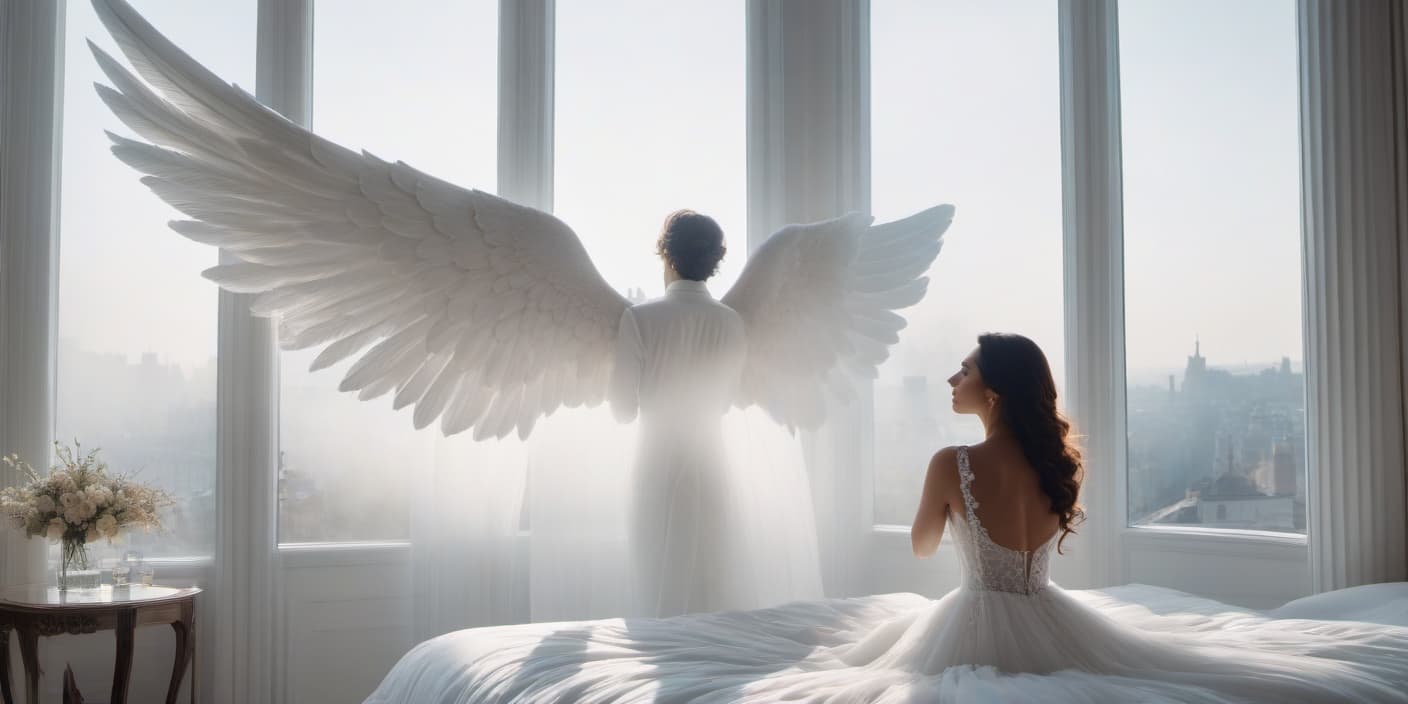  A girl is sitting on a white bed. In the background by the window, the silhouette of a man with giant angel wings. hyperrealistic, full body, detailed clothing, highly detailed, cinematic lighting, stunningly beautiful, intricate, sharp focus, f/1. 8, 85mm, (centered image composition), (professionally color graded), ((bright soft diffused light)), volumetric fog, trending on instagram, trending on tumblr, HDR 4K, 8K