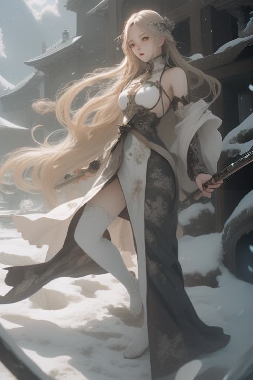  holding sword, snowy, windy, movement,award winning composition,high quality,masterpiece,extremely detailed,high res,4k,ultra high res,detailed shadow,ultra realistic,dramatic lighting,bright light