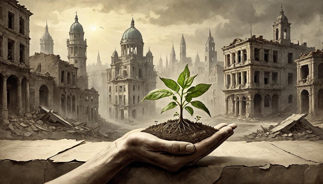  on parchment, surrealism+++, Gentle hands cradling a fragile seedling against a backdrop of a crumbling city, symbol of new growth amidst decay, promise of life, ray of hope in desolation, nurturing gesture, juxtaposition of fragility and strength, rebirth from ruins, glowing soft light filtering through the derelict buildings, creating a contrast between the new life and the old world.(mysterious, provocative, symbolic,muted color)+++