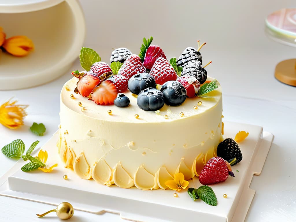  A photorealistic image of a beautifully decorated cake sitting on a elegant cake stand, surrounded by fresh berries, mint leaves, and edible flowers. The cake is intricately frosted with pastelcolored buttercream, adorned with delicate fondant decorations, and finished with a dusting of edible gold flakes. The background is a soft focus, showcasing a modern, minimalist kitchen setting with marble countertops and copper accents, creating a luxurious and aspirational atmosphere. hyperrealistic, full body, detailed clothing, highly detailed, cinematic lighting, stunningly beautiful, intricate, sharp focus, f/1. 8, 85mm, (centered image composition), (professionally color graded), ((bright soft diffused light)), volumetric fog, trending on instagram, trending on tumblr, HDR 4K, 8K