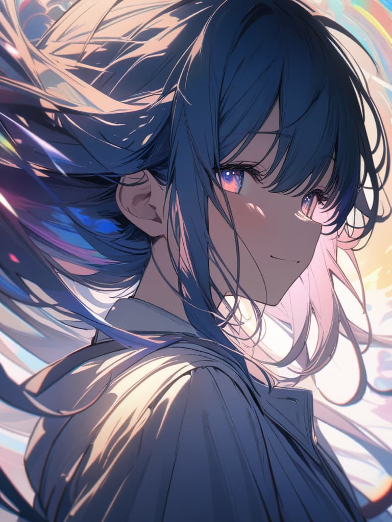  a beautiful blue haired girl,long messy hair,ultra detailed,deep shadow,beautiful detailed deep rainbow eyes,cute and beautiful face,shy smile,white shirt,upper body view,colorful,(masterpiece:1.2),(best quality:1.2),detailed background,high contrast,(best illumination,an extremely delicate and beautiful),((cinematic light)),hyper detail,dramatic light,intricate details,8k,anime,very aesthetic,, masterpiece, best quality,8k,ultra detailed,high resolution,an extremely delicate and beautiful,hyper detail