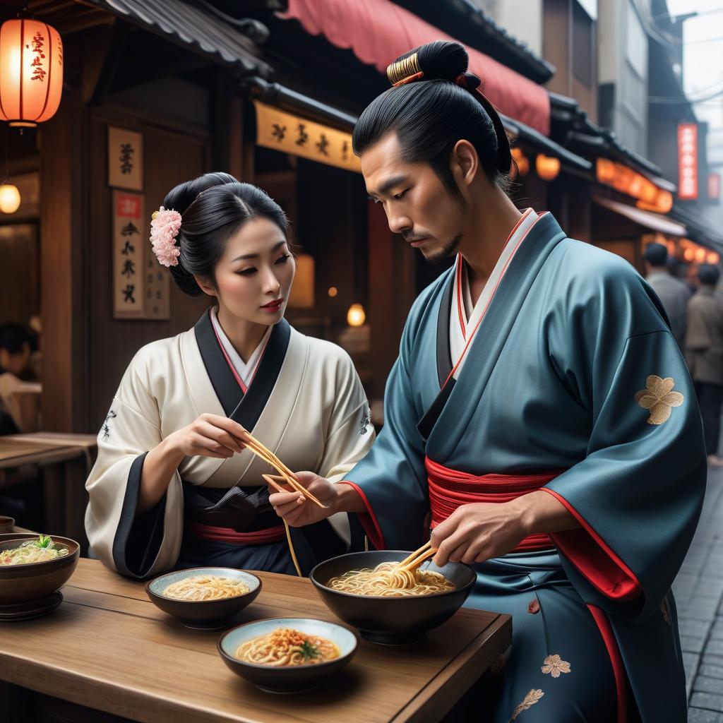  Samurai and Geisha, wearing traditional japanese clothing, in a street restaurant, eating a bowl of ramen, Tokyo street market, in the style of Hiroshi Nagai, high detail, high quality ar 4:5 hyperrealistic, full body, detailed clothing, highly detailed, cinematic lighting, stunningly beautiful, intricate, sharp focus, f/1. 8, 85mm, (centered image composition), (professionally color graded), ((bright soft diffused light)), volumetric fog, trending on instagram, trending on tumblr, HDR 4K, 8K