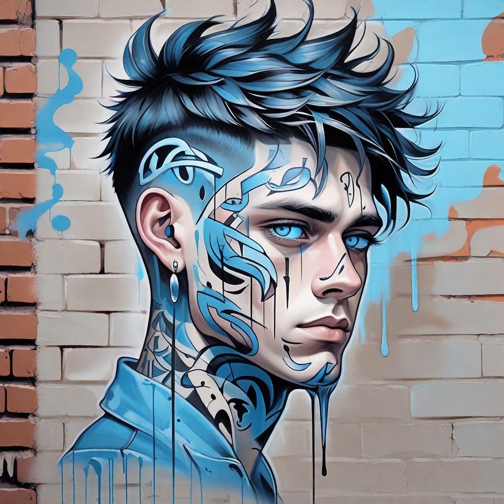  abstract artwork, A handsome boy with a beautiful cascading haircut and a small tattoo under the ear and hair butchered to and a with light blue eye color when they have graphic masks to paint and they paint on a wall with bricks crazy graffiti