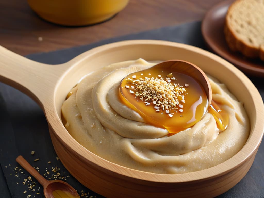  A serene, minimalist image of a wooden spoon delicately drizzling golden honey over a fresh batch of homemade sesame halva. The halva glistens under the soft lighting, showcasing its rich texture and inviting sweetness. The simplicity of the composition highlights the meticulous artistry of preparing this traditional treat, evoking a sense of tranquility and culinary mastery. hyperrealistic, full body, detailed clothing, highly detailed, cinematic lighting, stunningly beautiful, intricate, sharp focus, f/1. 8, 85mm, (centered image composition), (professionally color graded), ((bright soft diffused light)), volumetric fog, trending on instagram, trending on tumblr, HDR 4K, 8K