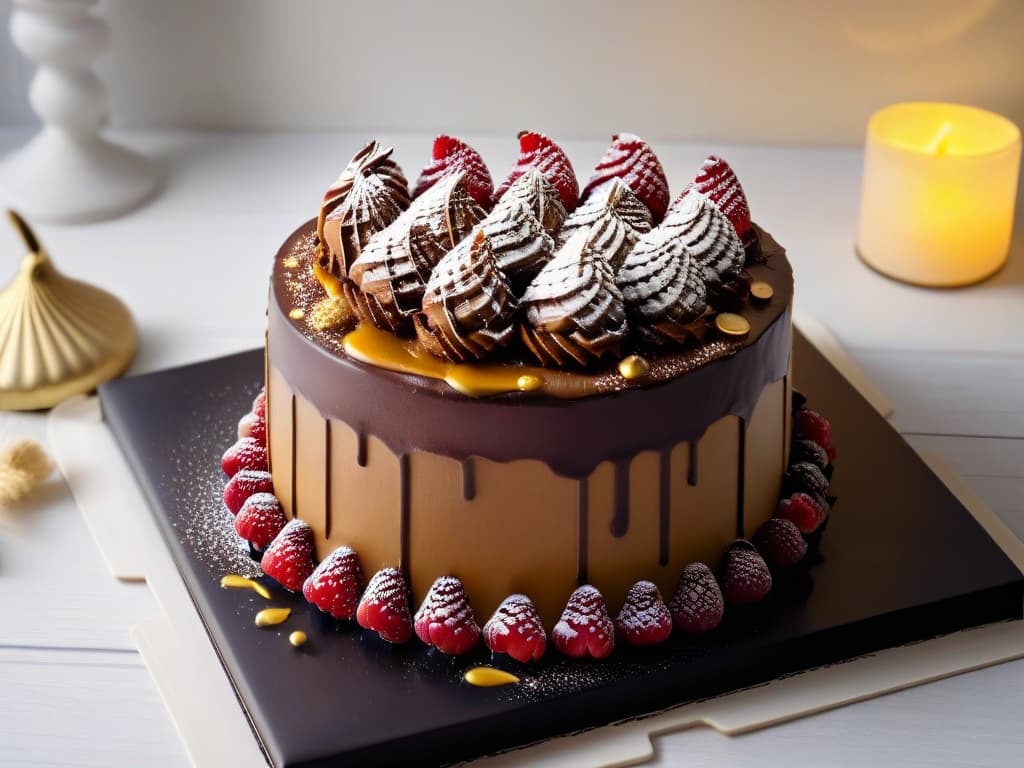  A highresolution, ultradetailed image of a decadent chocolate cake drizzled with a rich, golden caramel sauce, garnished with delicate edible gold flakes and fresh raspberries on a sleek, modern white plate. The cake is set against a dark, elegant background, emphasizing its luxurious and premium quality. hyperrealistic, full body, detailed clothing, highly detailed, cinematic lighting, stunningly beautiful, intricate, sharp focus, f/1. 8, 85mm, (centered image composition), (professionally color graded), ((bright soft diffused light)), volumetric fog, trending on instagram, trending on tumblr, HDR 4K, 8K