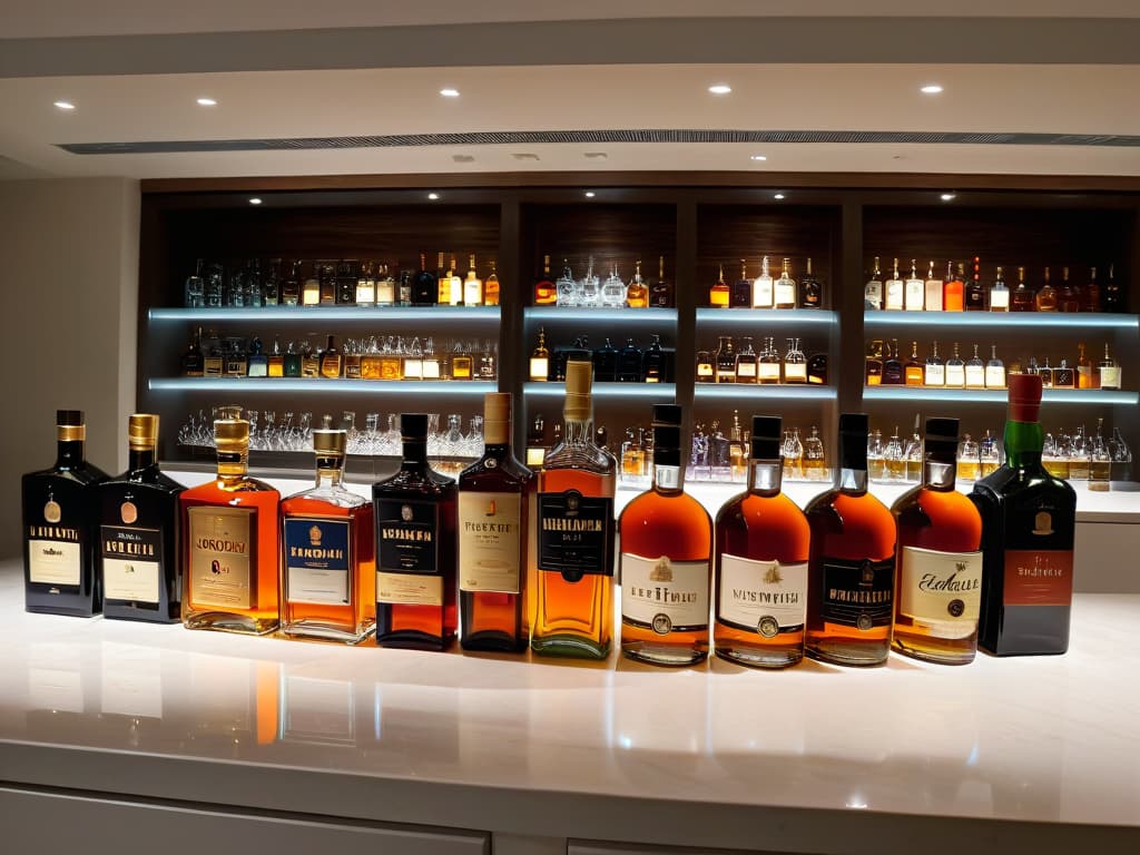  An ultradetailed image of a sleek, minimalist kitchen counter lined with an array of premium liquor bottles, each elegantly labeled and gleaming under soft, ambient lighting. The focus is on the rich, golden hues of aged rum bottles, the deep amber shades of whiskey, and the vibrant colors of liqueurs, all exuding an air of sophistication and culinary inspiration. The scene captures a moment of quiet elegance and refined taste, setting the stage for the expert pastry chefs' favorite liquor recommendations. hyperrealistic, full body, detailed clothing, highly detailed, cinematic lighting, stunningly beautiful, intricate, sharp focus, f/1. 8, 85mm, (centered image composition), (professionally color graded), ((bright soft diffused light)), volumetric fog, trending on instagram, trending on tumblr, HDR 4K, 8K