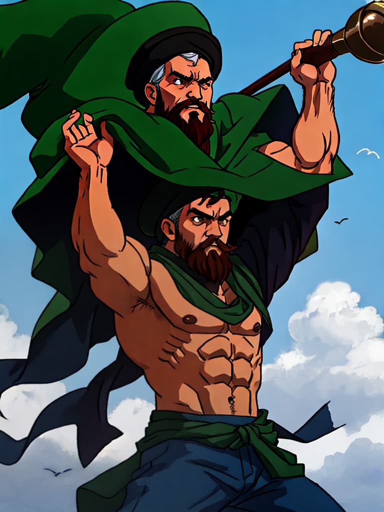  Ayatollah Khomeini, beard, old, Iran, powerful, strong, muscular, Jojo-style, anime style