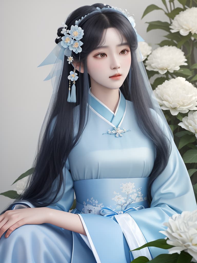  masterpiece, best quality, (Fidelity: 1.4), Best Quality, Masterpiece, Ultra High Resolution, Poster, Fantasy Art, Very Detailed Faces, 8k resolution, Chinese Style, An woman, Side Face, Quiet, Light Blue Hanfu, Tulle Coat, Long Black Hair, Light Blue Fringed Hair Ornament, Hairpin, White Ribbon, White Flower Bush, Light Blue Butterfly Flying, cinematic lighting effects