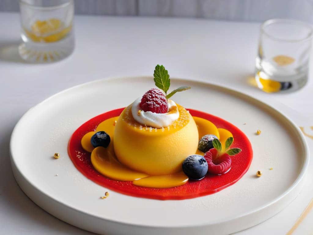  A closeup, ultradetailed image of a sleek, modern dessert plate featuring a symphony of textures and colors: a delicate sphere of mango sorbet dusted with edible gold flakes, a vibrant raspberry coulis swirl, a crisp shard of caramel tuile, and a sprinkle of micro herbs for a visually striking and multisensory experience. hyperrealistic, full body, detailed clothing, highly detailed, cinematic lighting, stunningly beautiful, intricate, sharp focus, f/1. 8, 85mm, (centered image composition), (professionally color graded), ((bright soft diffused light)), volumetric fog, trending on instagram, trending on tumblr, HDR 4K, 8K