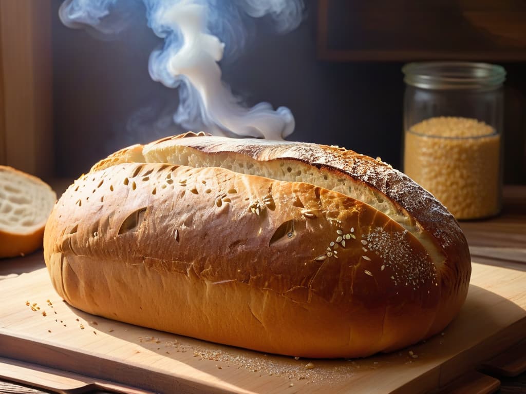  A closeup, photorealistic image of a freshly baked loaf of bread, golden and crusty on the outside with a soft, airy interior. The bread is sliced open, revealing a perfect texture with visible air pockets and a slight steam rising from its warm center. The background is a rustic wooden table, with scattered flour and a few scattered grains of yeast, creating a cozy and inviting atmosphere. hyperrealistic, full body, detailed clothing, highly detailed, cinematic lighting, stunningly beautiful, intricate, sharp focus, f/1. 8, 85mm, (centered image composition), (professionally color graded), ((bright soft diffused light)), volumetric fog, trending on instagram, trending on tumblr, HDR 4K, 8K