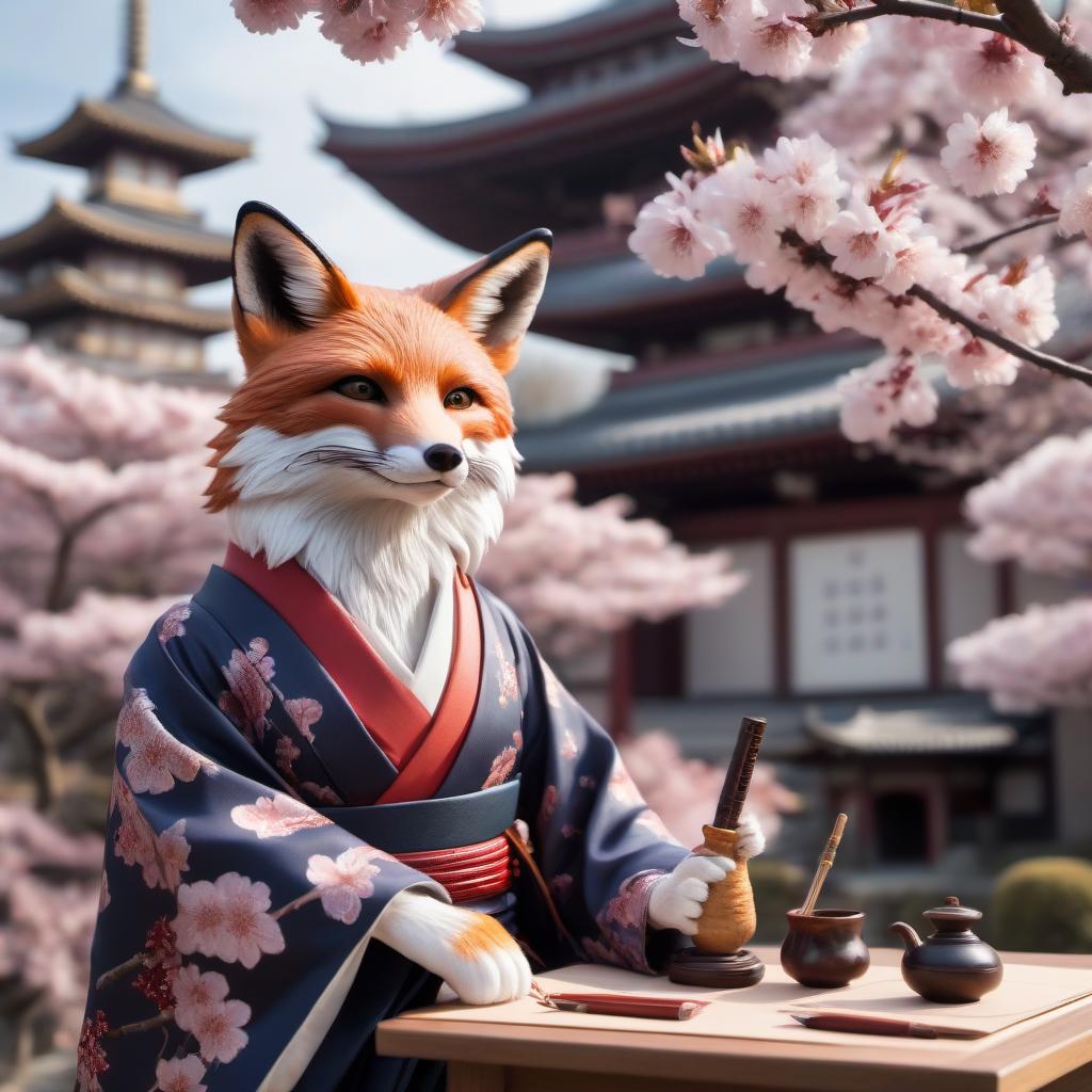  A fox spirit with a smoking pipe, a notebook, and two daggles, wearing beautiful kimono, in the background cherry blossoms and pagoda. hyperrealistic, full body, detailed clothing, highly detailed, cinematic lighting, stunningly beautiful, intricate, sharp focus, f/1. 8, 85mm, (centered image composition), (professionally color graded), ((bright soft diffused light)), volumetric fog, trending on instagram, trending on tumblr, HDR 4K, 8K