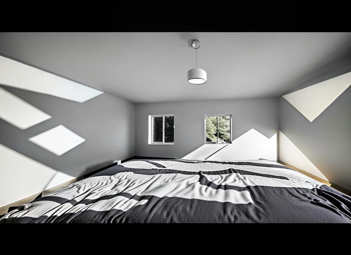  Need a bedroom interior design in a scandi style, like design guru Aalto Aalto , add bed , Save windows and doors from original image, do not change the geometry of the room , restyle the room, be sure to add furniture, photorealistic, high quality, detailed work, hyper realistic, a real interior