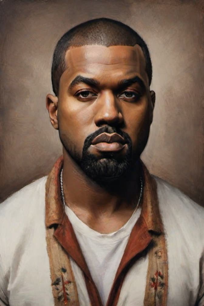  , A striking black and white portrait of Kanye West, captured in a dramatic and authoritative pose. Kanye is shown with an intense, focused gaze directed at the camera, his distinctive features and personal style taking center stage against a minimalist background. The image conveys a sense of Kanye's creative vision, artistic ambition, and commanding presence as a cultural icon. hyperrealistic, full body, detailed clothing, highly detailed, cinematic lighting, stunningly beautiful, intricate, sharp focus, f/1. 8, 85mm, (centered image composition), (professionally color graded), ((bright soft diffused light)), volumetric fog, trending on instagram, trending on tumblr, HDR 4K, 8K